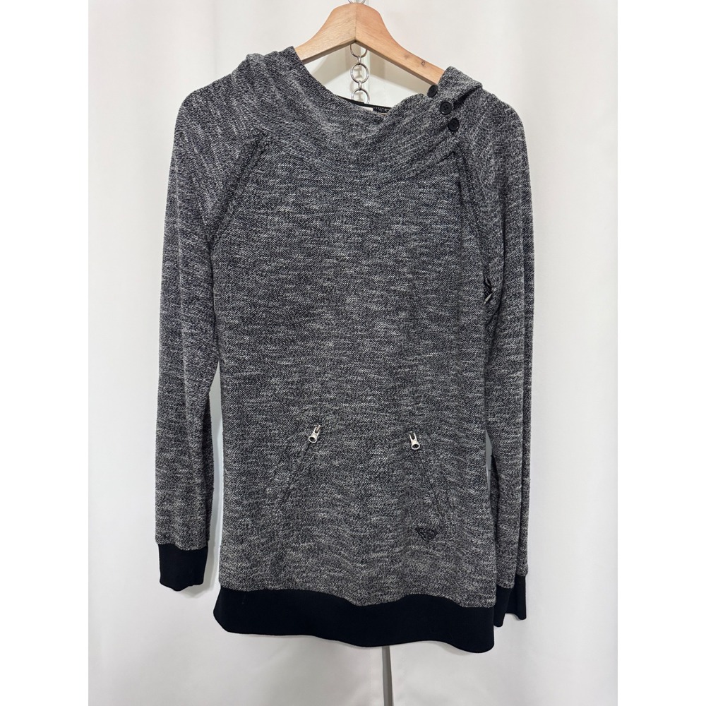 Roxy Womens Marled Knit Pullover Hoodie Black White XL Asymmetrical Button Zip